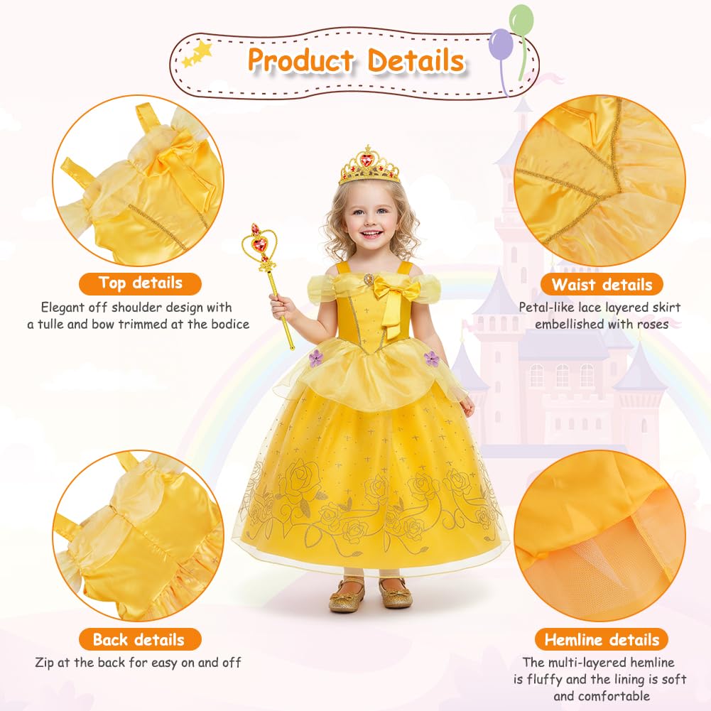 Belle Costume, Ragazze La Bella e La Bestia Costumi, Principessa Belle Vestito con Corona e Bacchetta, Bambina Bella Set per Cosplay Natale Festa Halloween, 120