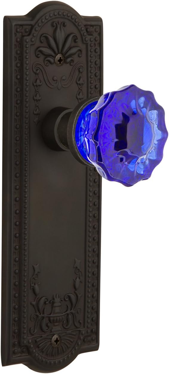 Nostalgic Warehouse 722369 Meadows Plate Single Dummy Crystal Cobalt Glass Door Knob in Polished Brass