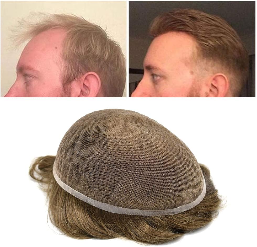LYRICAL HAIR Toupee for Men Human Hair System Replacement All French Lace Mens Wig Hairpieces Natural Hairline (8"X10", #18 Medium Blonde-100% Light to Med-light Density)