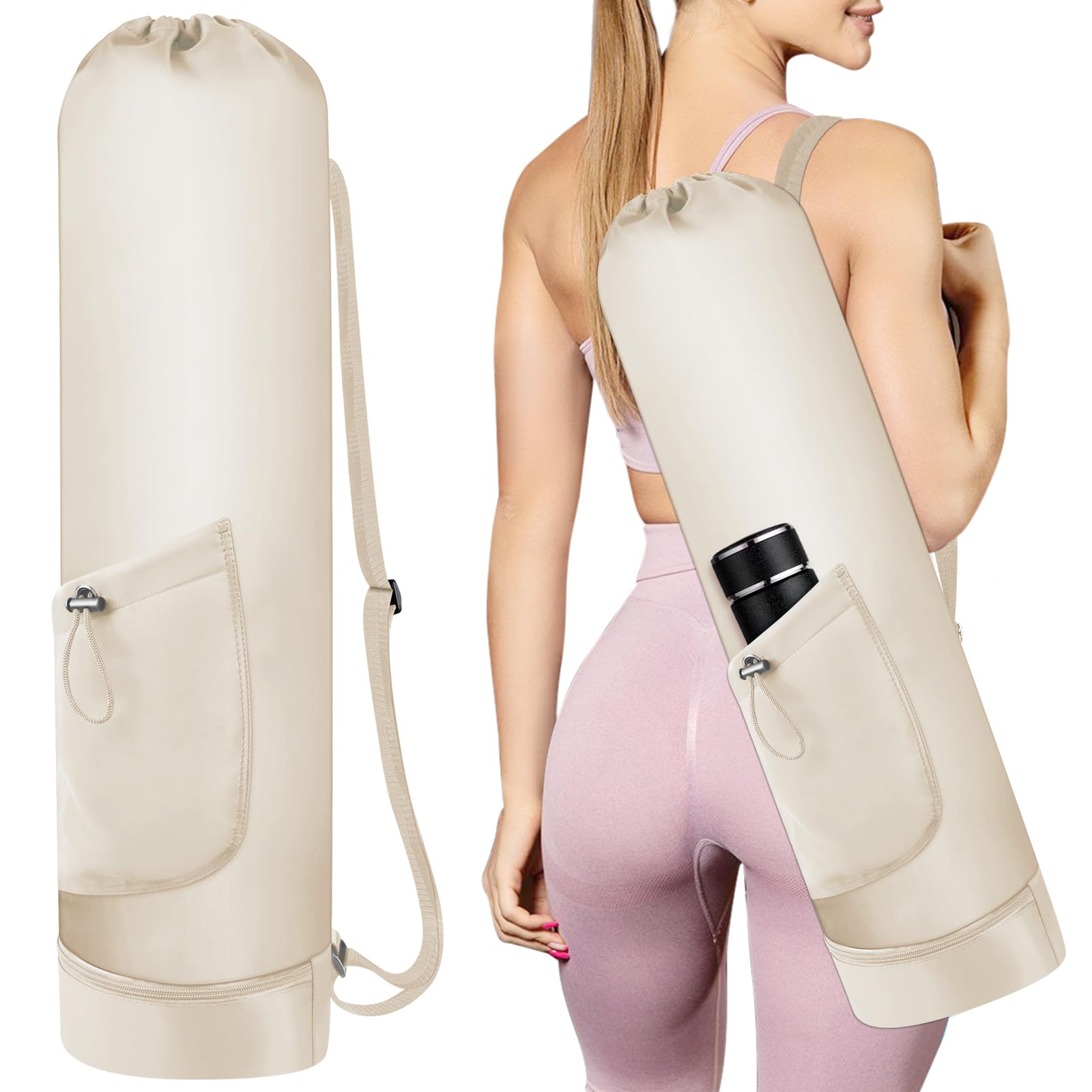 Yoga Mat Bag with Water Bottle, Full Zip Yoga Mat Carrier with Adjustable Strap and Pocket, Waterproof for Women and Men
