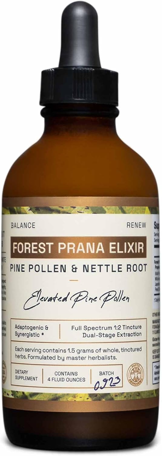 Forest Prana Elixir Pine Pollen and Nettle Root Tincture – 1:2 True Dual-Stage Extraction – Mountain Harvest Pine Pollen – 4 Fl Ounce Bottle