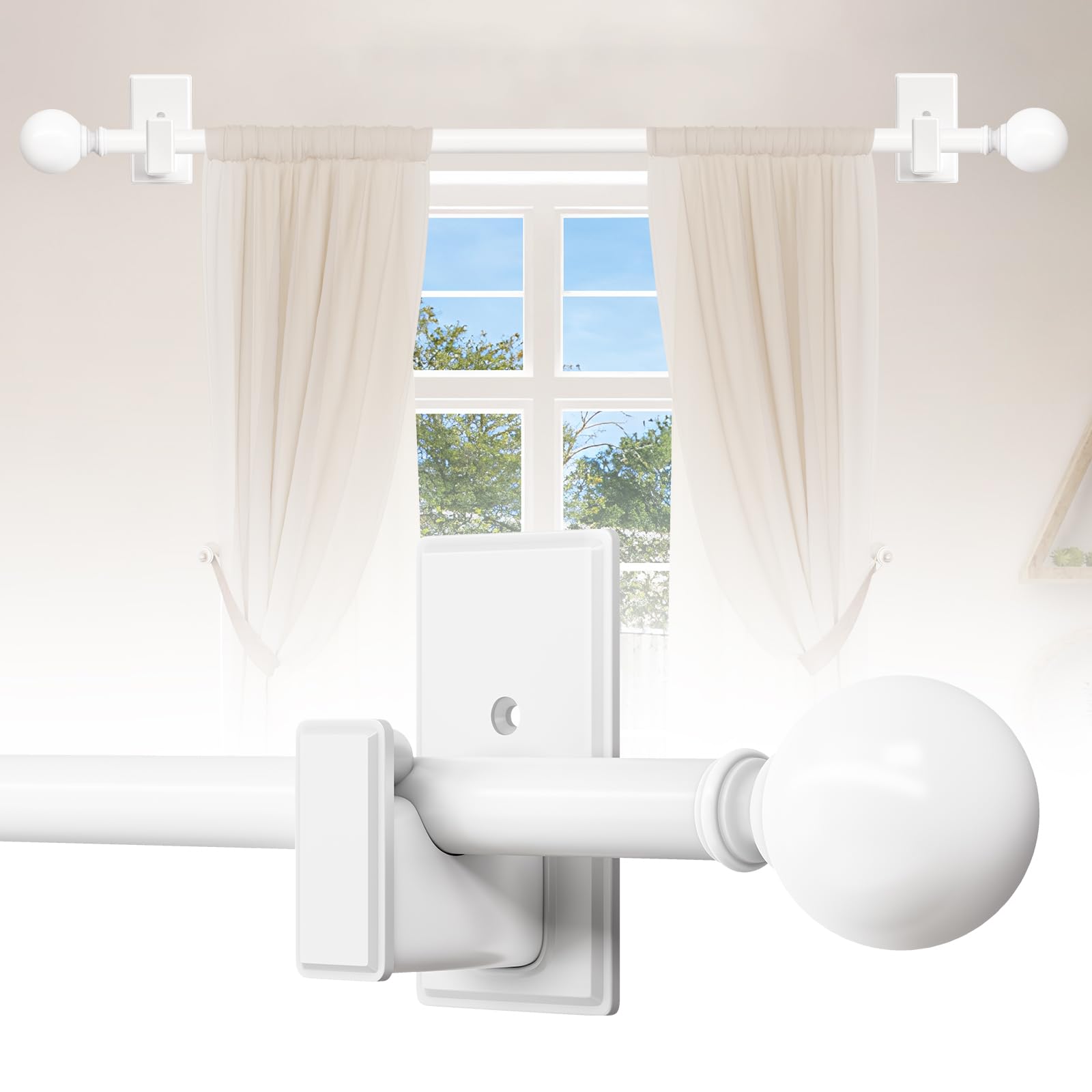 TKZTKZ White Curtain Rods No Drilling-Adjustable No Drill Curtain Rods for Windows 32-60" with Adhesive Brackets for Bedroom Apartment Renter Friendly