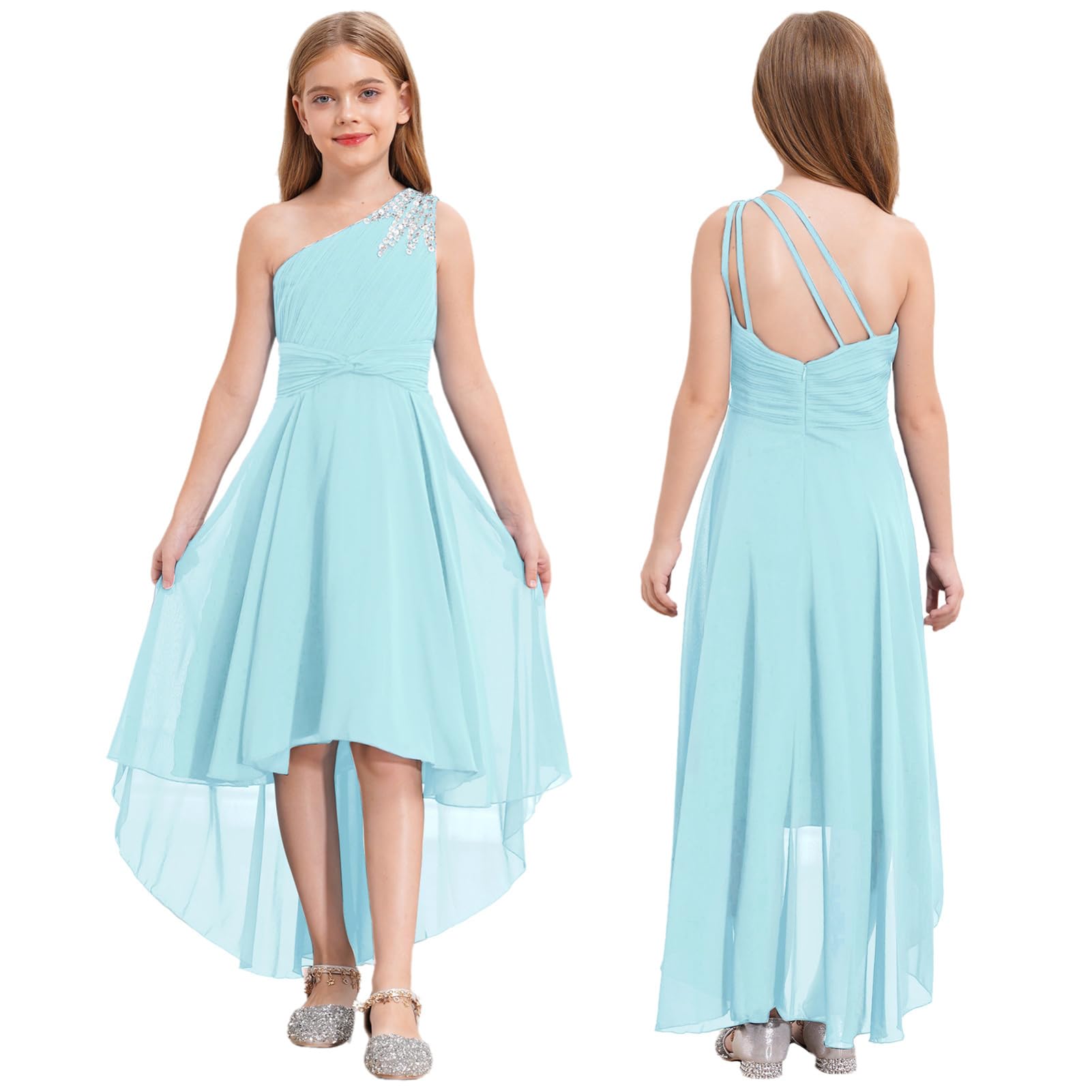 IEFIEL Robe de Mariage d'honneur Enfant Fille Une Épaule Robe de Princesse Cérémonie Plissée Robes Bustier Soirée Cocktail A Volante Dos Nu