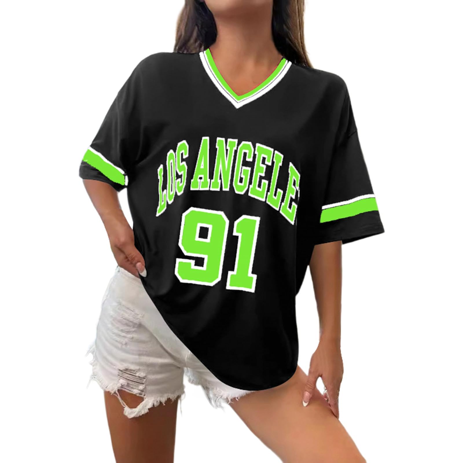 Women's Los Angeles Shirt Baseball Jerseys Oversized Y2k Number Shirts Graphic Striped Trim Casual Shirt V Neck Streetwear Striped Graphic Tee Casual Top Summer Sports Shirt, O Green, 5XL