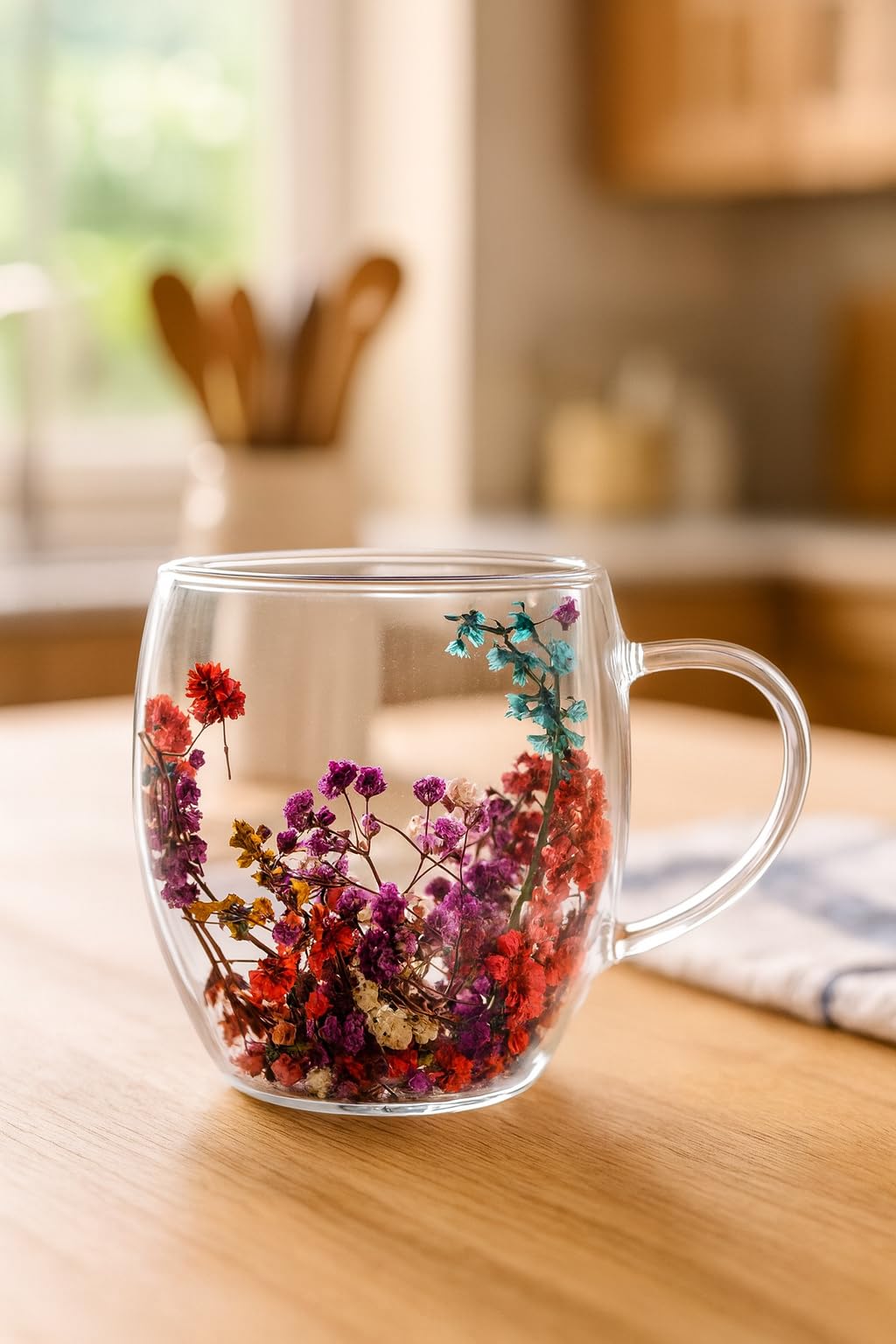 Double Wall Glass Mug with Dried Flowers – Elegant Insulated Coffee/Tea Cup | Transparent Floral Design | 250ml | Ideal for Gifting, Home & Office(Flower Double Wall Mug)-image-0