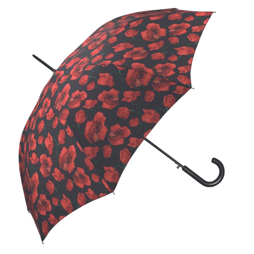 Happy Rain Paraguas de mujer largo- Sistema Antiviento- Ligero-Práctico- Estampado Flores rojas-Diámetro 102cm (Negro)