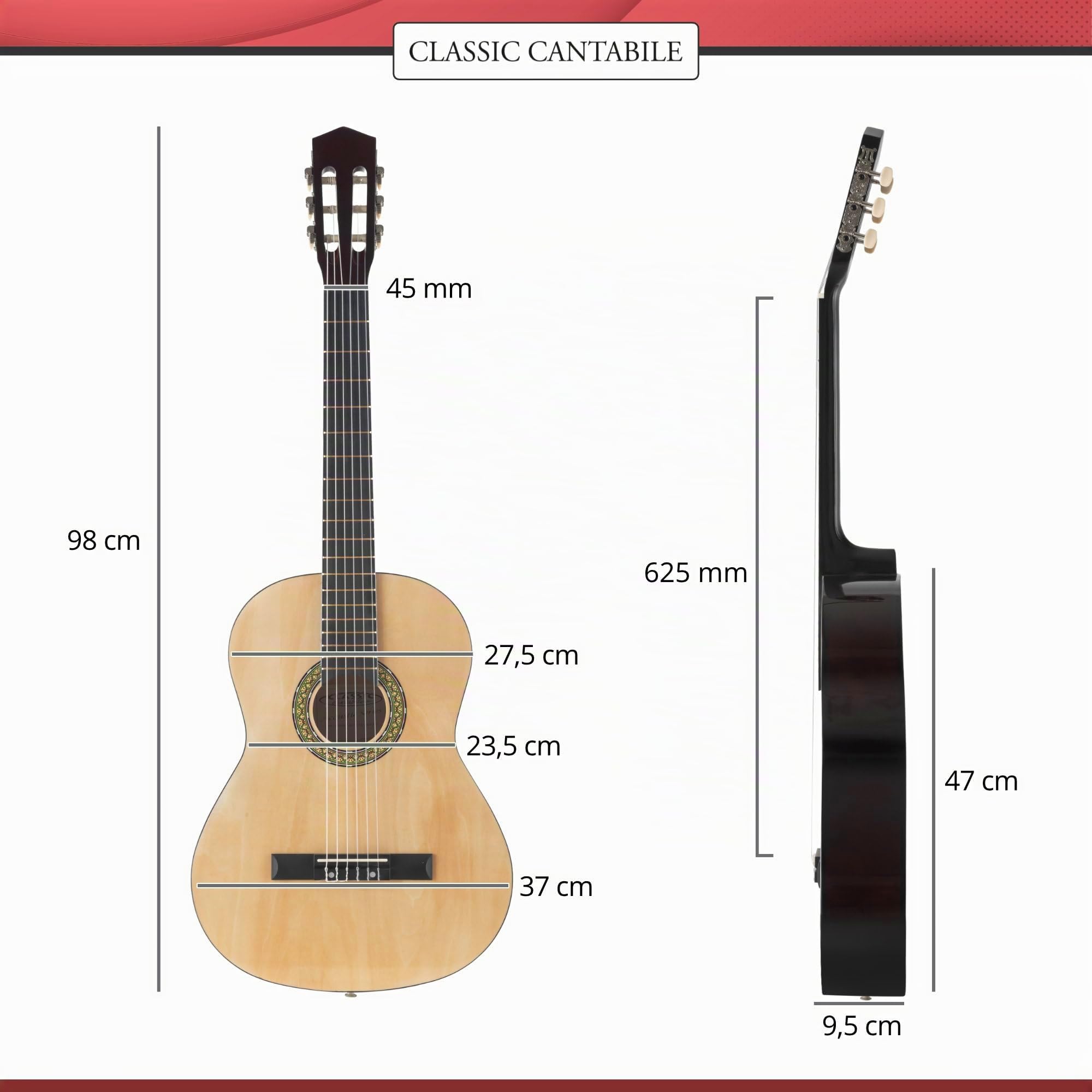 Classic Cantabile AS-851 Pack Guitare Classique 7/8 Nature - Cordes en Nylon d'étude - Guitare de concert idéale pour débutants, enfants - Avec accessoires, housse, accordeur et repose-pieds