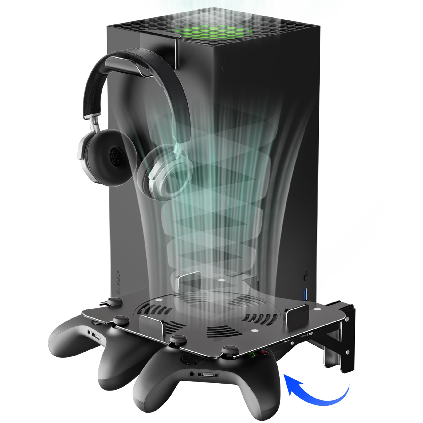 Support mural pour Xbox Series X avec grille d'aération – Support pliable en aluminium avec rangement pour manette | Base sécurisée et installation facile (noir)