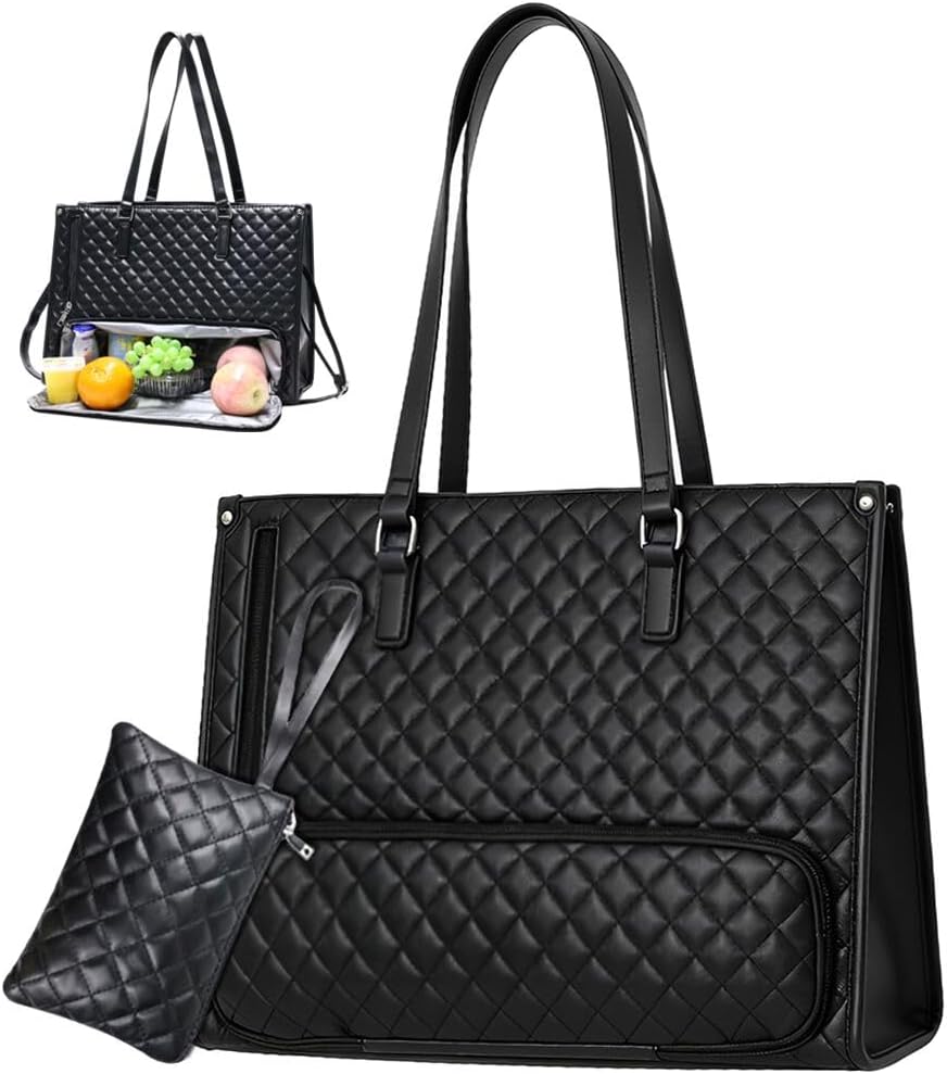 Abnaok Tote Bag with Lunch Compartment，15.6inch Insulated Lunch Tote Bag for Women，Quilted Large Capacity Computer Handbag with Purse for Business, Work, Nurses, Office, College, Casual