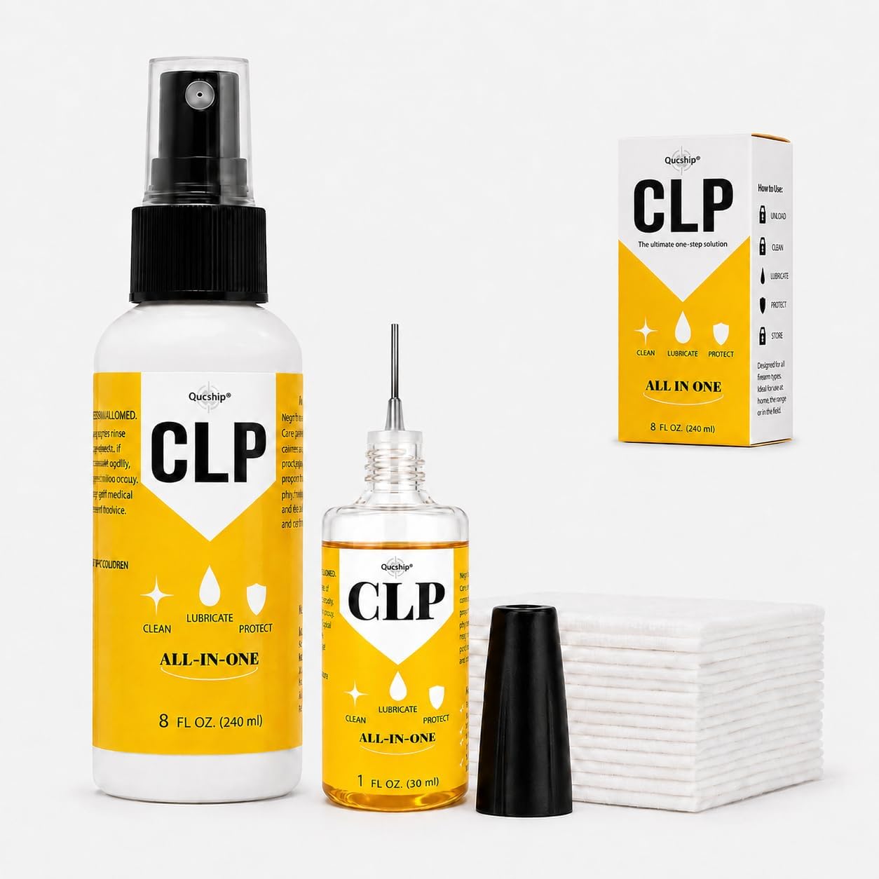 Gun Oil CLP Kit, 8oz Spray, 1oz Oiler & 20 Gun Cleaning Patches | 3-in-1 CLP Gun Cleaner and Lubricant, Rust Prevention Gun Oil, -65F to 400F, Precision Applicator, Safe for Metal & Polymer