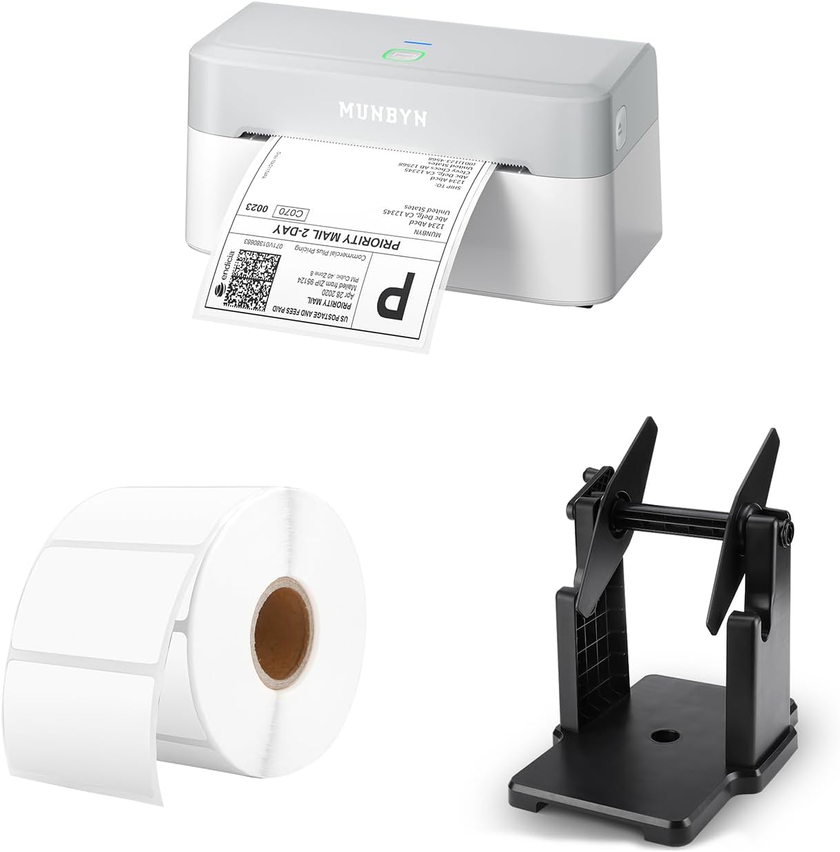MUNBYN RW403B Bluetooth Shipping Label Printer+2.25 x 1.25 Direct Thermal Labels White Thermal Printer Labels+2 in 1 External Rolls Label Holder