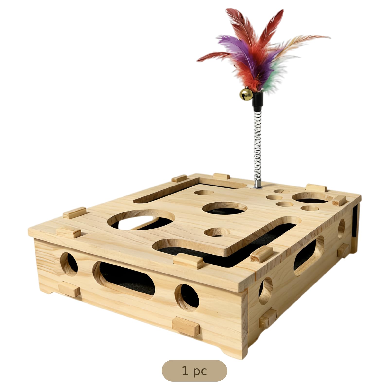 Generisch Holz-Katzen-Spielzeugkiste, mit Federangel und 3 Rasselbällen, Labyrinth-Design Kratz-Puzzle, seitliche Öffnungen, interaktives Spiel, gegen Langeweile, Pfotenmassage, 29,5 x 25 x 7 cm