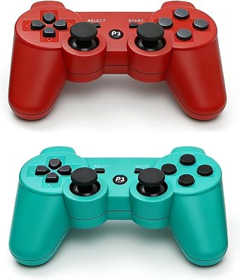 P-S3 Controller 2 Pack PS-3 Wireless controller 3 Controller Wireless Bluetooth Gamepad with USB Charger Cable for PS-3 Console Red+Green