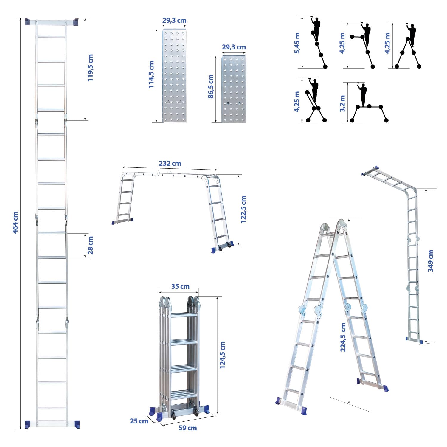 HOSTRÖM Echelle pliante articulée STAVALANCE 4x4 marches, echafaudage multifonction, escabeau, 2 plaques plateforme de travail, Garantie 5 ans
