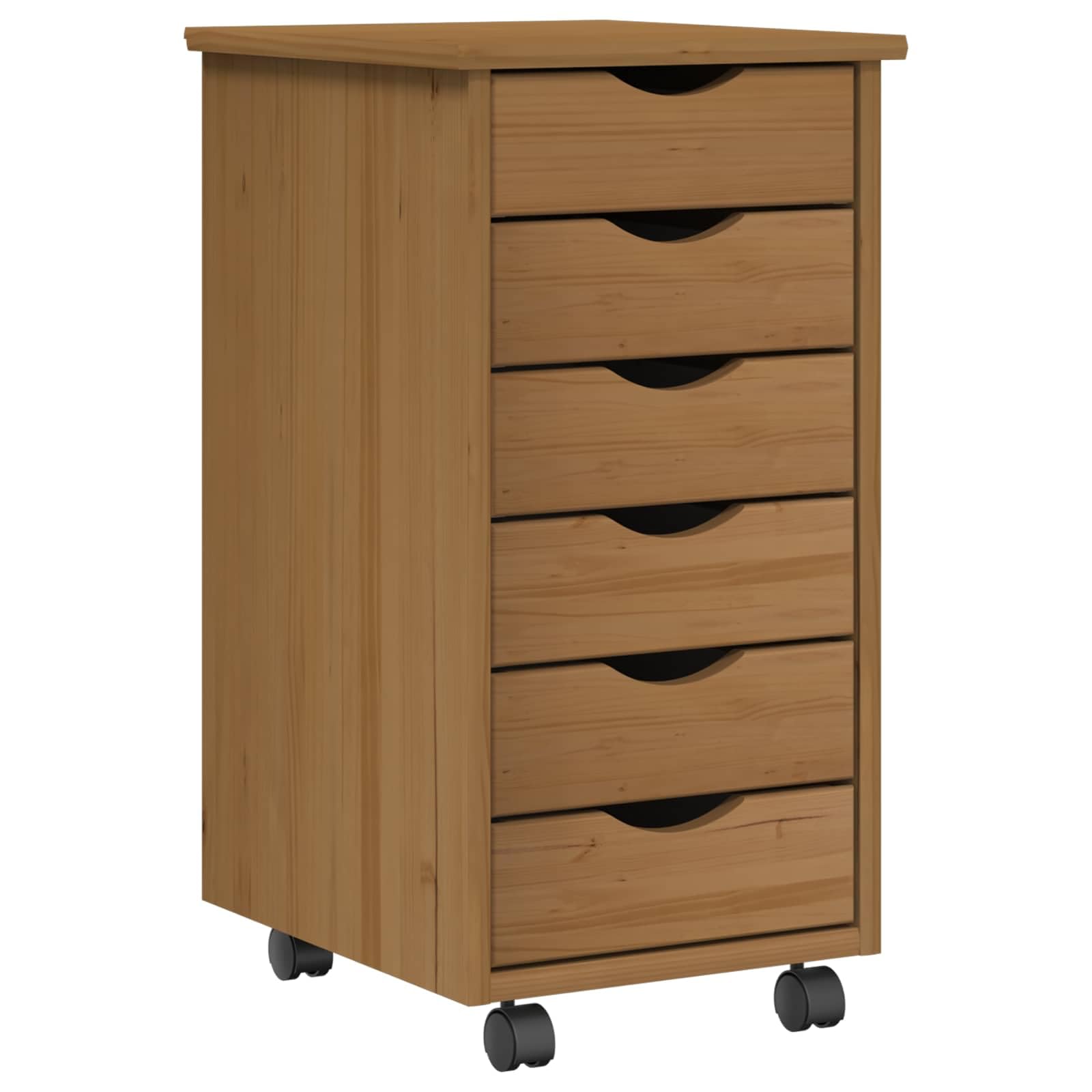 Moss Desk und Rollcontainer Set aus Massivholz Kiefer honigbraun, 2-teilig, 6 Schubladen, 4 Rollen, für Homeoffice, Arbeitszimmer, Stauraum für Dokumente und Zubehör