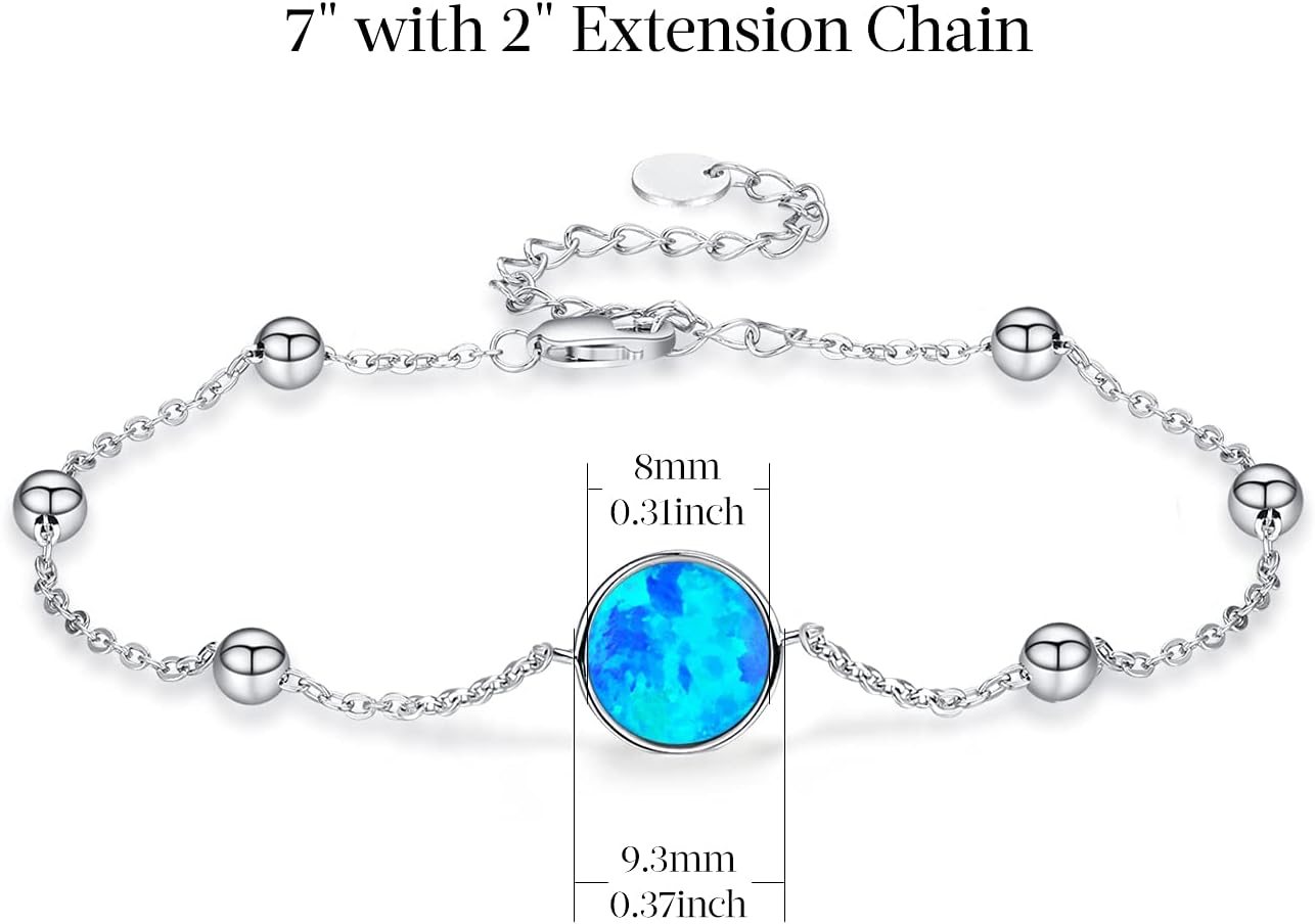 TANGPOET Dainty Opal Bracelet for Women 925 Sterling Silver Charm Bracelet Lab Created Opal Jewelry Gift for Mom Daughter Birthday, 7"+2" Length Chain