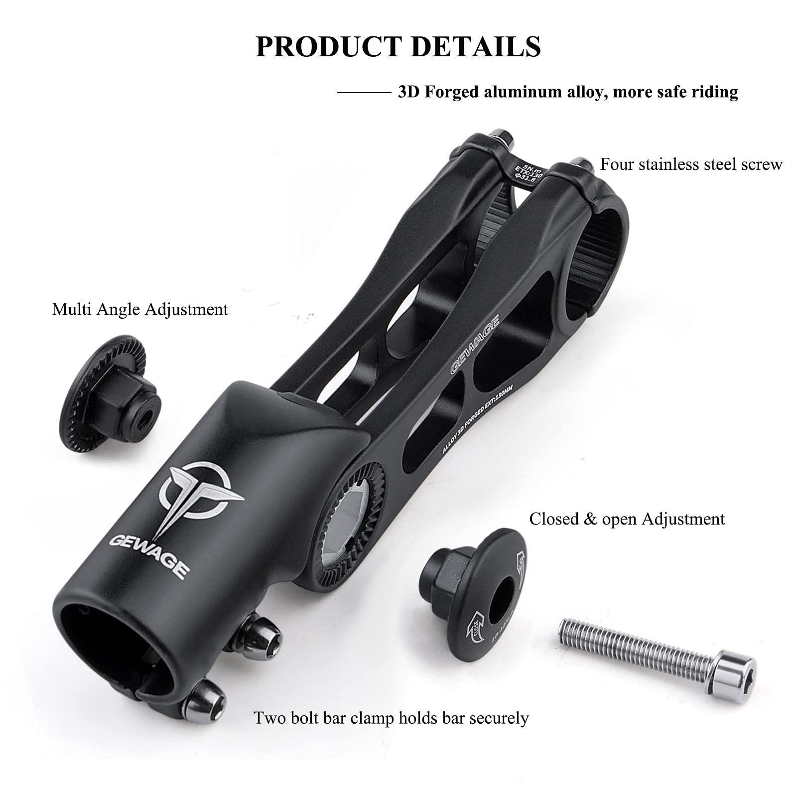 Potence de vélo – Potence de vélo réglable à 130 degrés – 75 mm, 90 mm, 130 mm – Rehausseur de potence de guidon pour guidon de 31,8 (2,5 à 0,6 cm), convient à la plupart des VTT, vélos de route, BMX