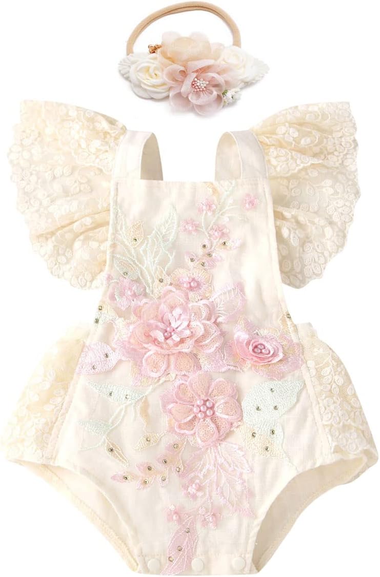 ODASDO Baby Girl Lace Romper Delicate Embroidery Backless Bodysuit with Flower Headband 2pcs Cake Smash Outfit