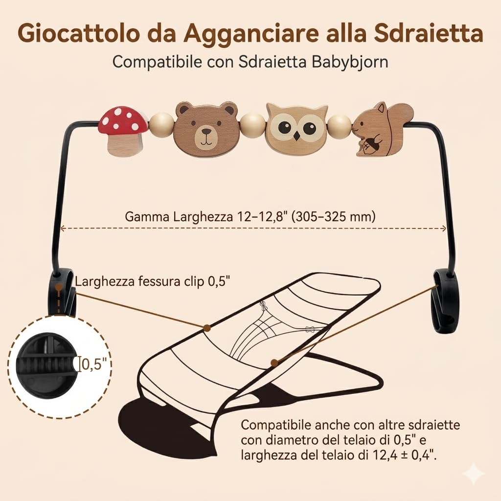 Giocattolo per buttafuori, Compatibile con BabyBjorn Bouncer Balance Soft & Bliss, Barra Giocattolo Girevole in Legno per Bambini, Giocattolo per Lo Sviluppo sensoriale (Animali)