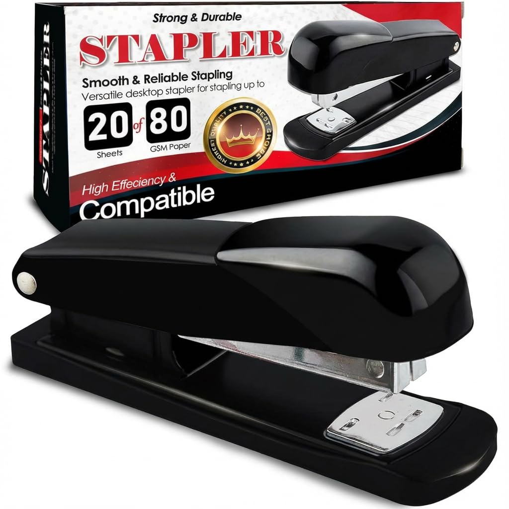 TB1 Products Black Office Stapler Pack of 5 – 20 Sheet Capacity Compact Desktop Staplers with Non-Slip Base – Small Manual Stapler Set for Home Office School Stationery – Uses 24/6 & 26/6 Staples