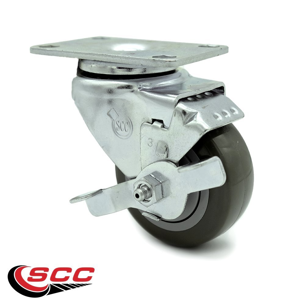 Polyurethane Swivel Top Plate Swivel Caster with 3 Inch Gray Wheel and Top Locking Brake - 300 lbs. Capacity Per Caster - Service Caster Brand