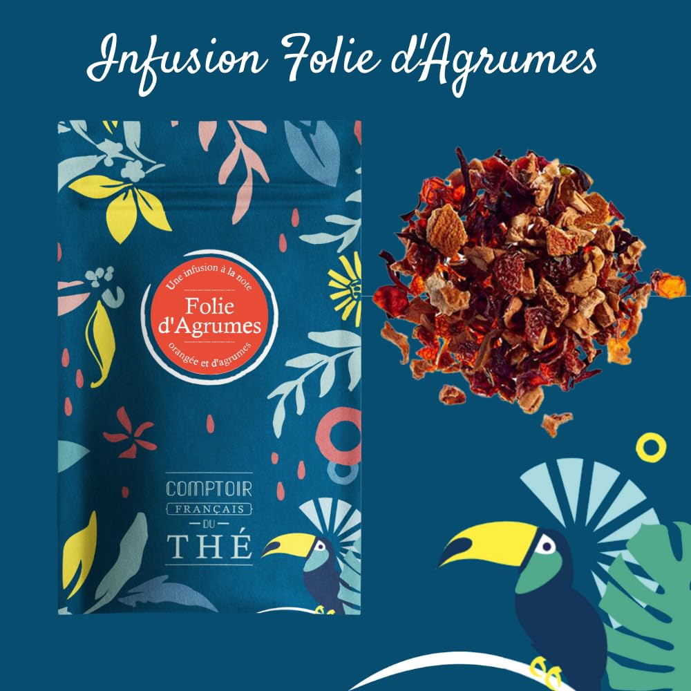 2x100g d'Infusion Orange Agrumes - Folie D'Agrumes COMPTOIR FRANÇAIS DU THÉ | Arômes d'orange et d'agrumes - Délicieuse chaude ou glacée - Infusion en vrac, sachet zip refermable - coffret thé à offrir