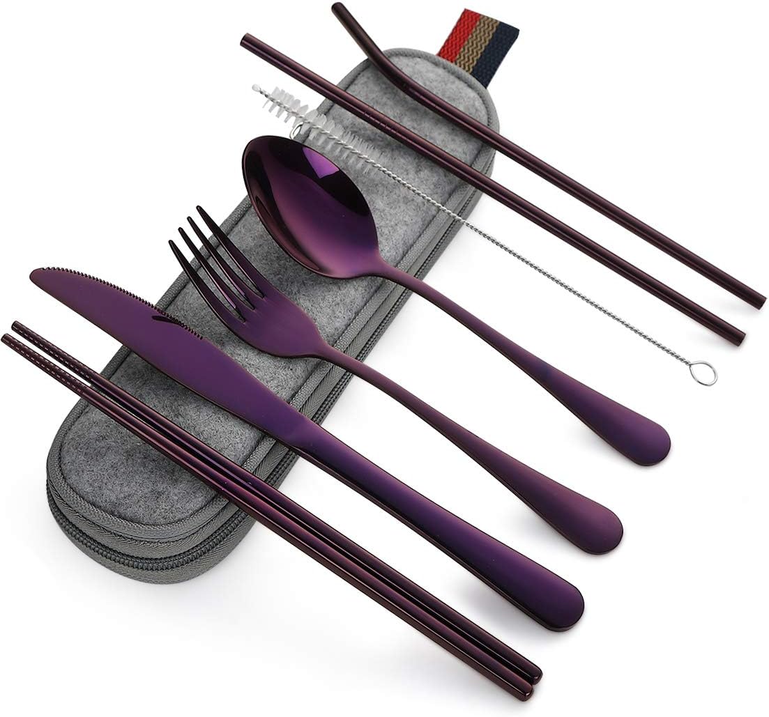 DEVICO Portable Utensils, Travel Camping Cutlery Set, 8-Piece including Knife Fork Spoon Chopsticks Cleaning Brush Straws Portable Case, Stainless Steel Flatware set (Purple) DEVICO Portable Utensils, Travel Camping Cutlery Set, 8-Piece including Knife Fork Spoon Chopsticks Cleaning Brush Straws Portable Case, Stainless Steel Flatware set (Purple)