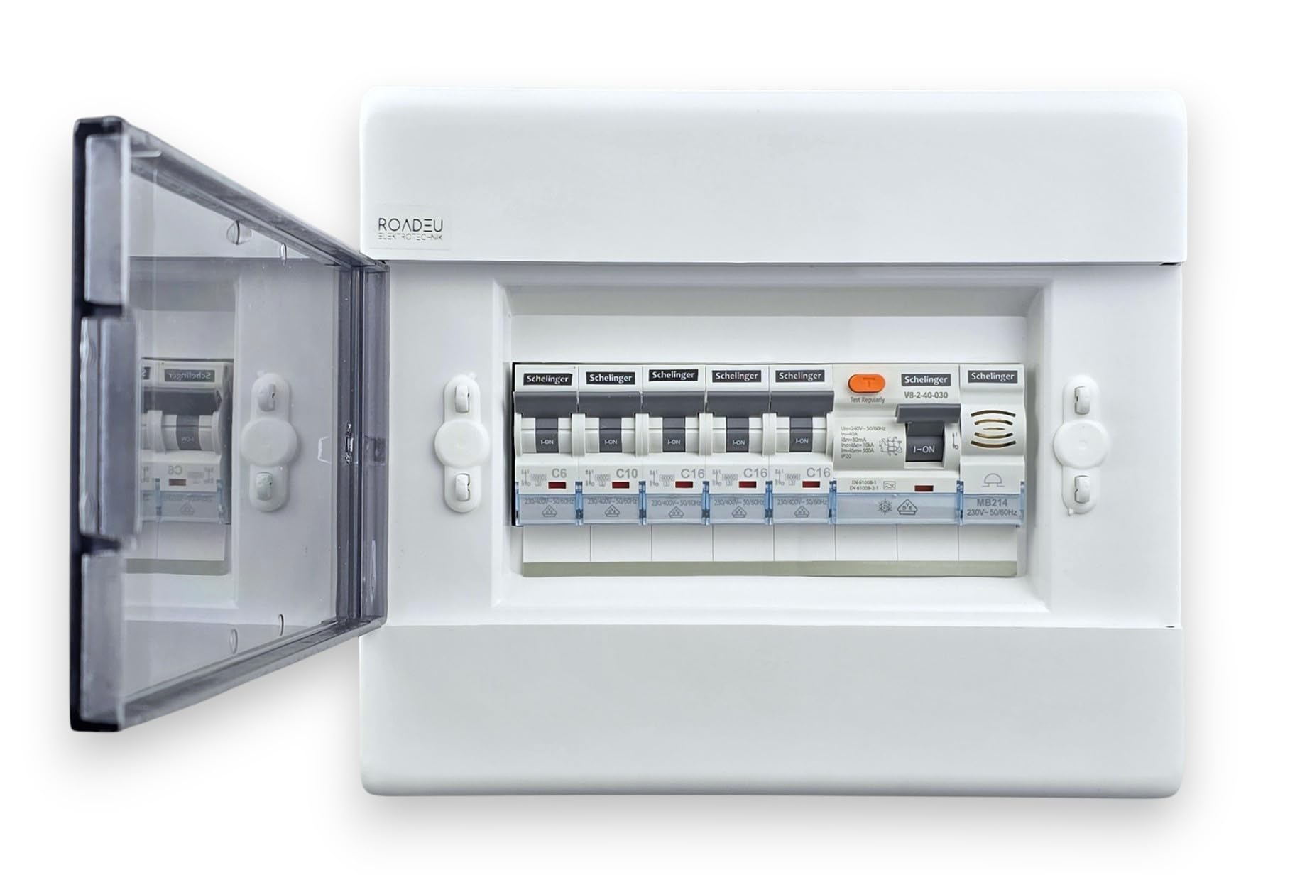 RoadEu - Aufputz Sicherungskasten 8 Module FI 40A 30mA C6 C10 3xC16 Klingel