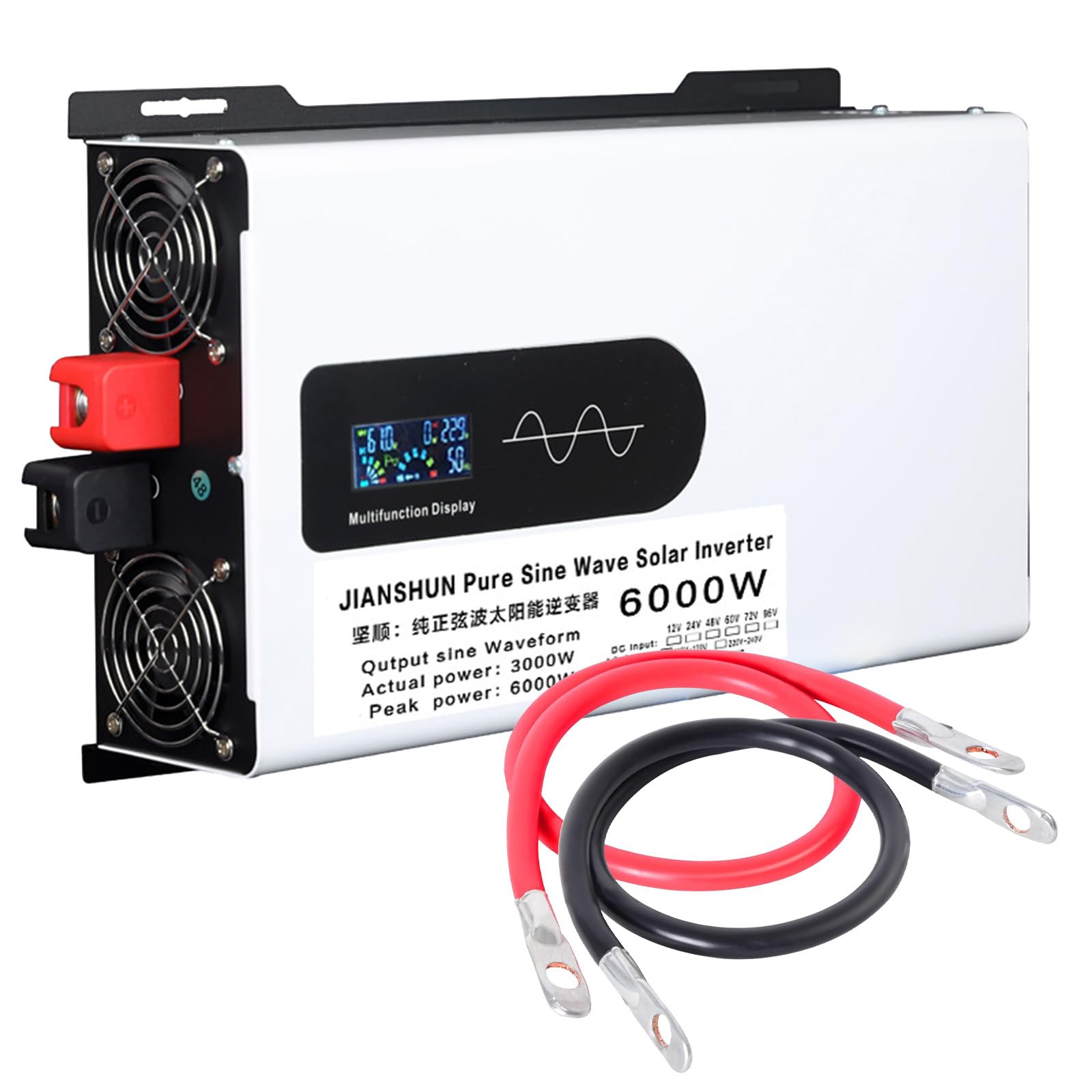Wechselrichter 6000 W DC 12 V 24 V 48 V 60 V 72 V auf AC 110 V 220 V, Reiner Sinus-Wechselrichter für Fahrzeuge mit 2 AC-Steckdosen und LCD-Display,24V to 110V