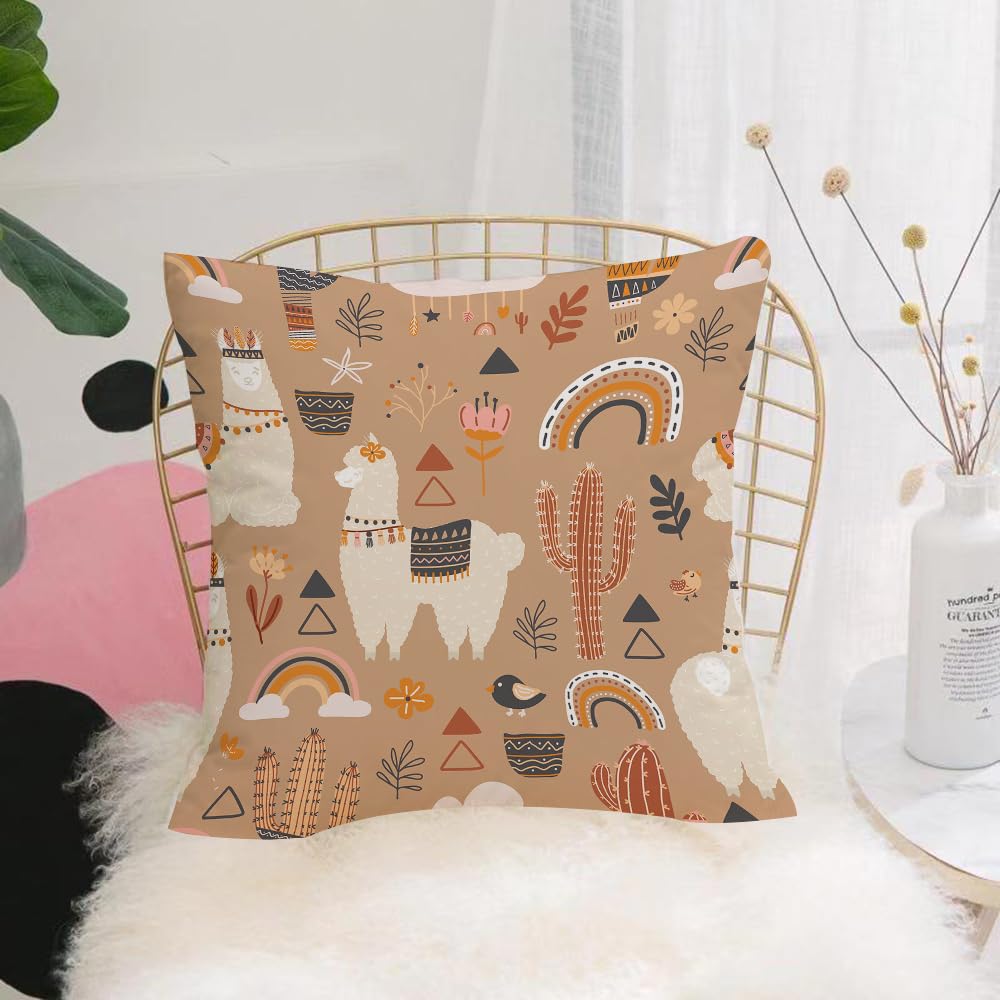 HYOSXW Cushion Cover,Throw Pillow Case Home Decorative for Living Room Bedroom Sofa Chair 16X16 Inch,Cute llamas cactuses and rainbows in boho style. Vector design of seamless back,Pillowcase 40X40cm