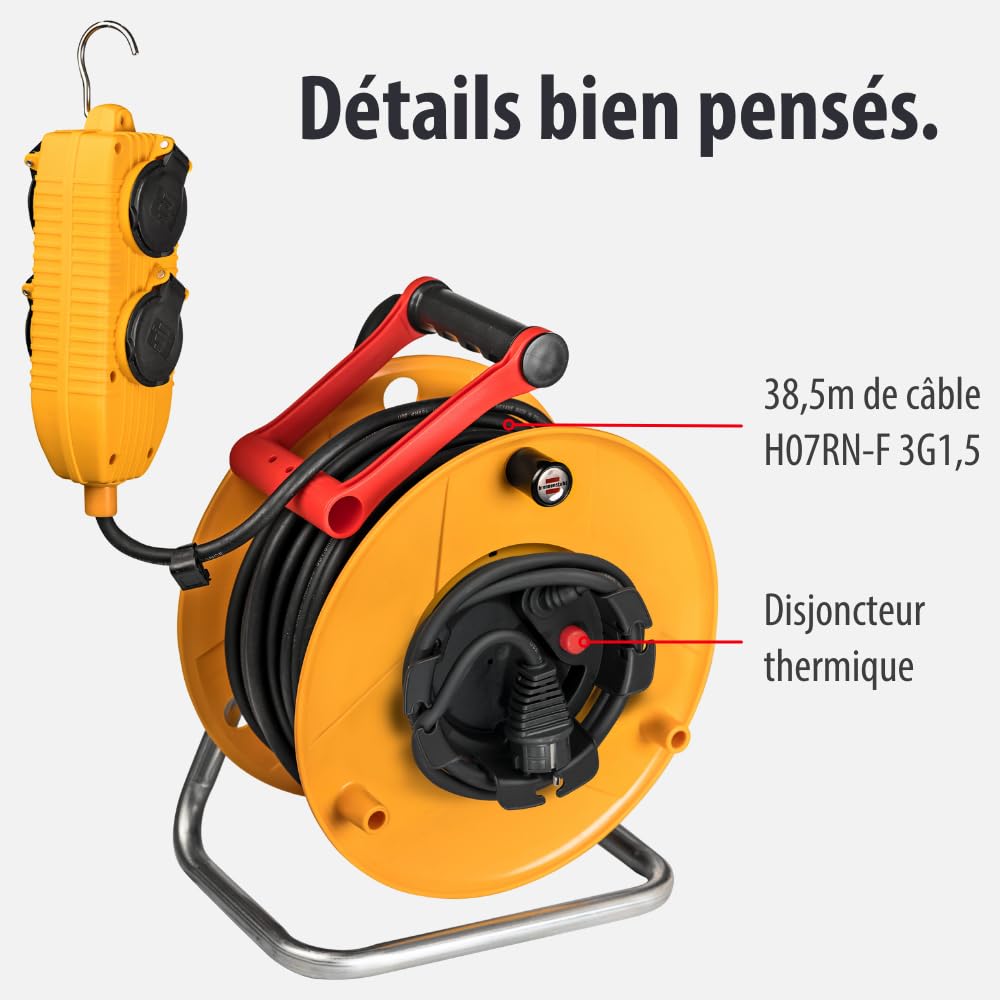 Brennenstuhl Enrouleur de câble Standard BT Pro avec rallonge supplémentaire et bloc mobile à 4 prises de courant (40m de câble H07RN-F 3G1,5, utilisation en extérieur, fabriqué en France)