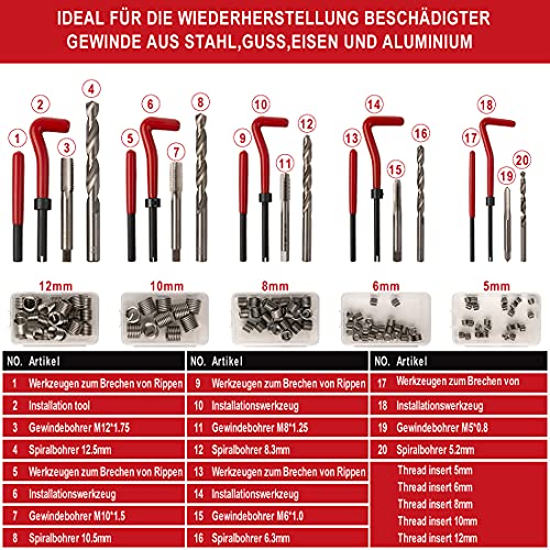 FOURROBBER 131-tlg Gewindereparatur Gewinde Reparatur Satz Werkzeug mit M5 M6 M8 M10 M12 Einsätze Hülsen