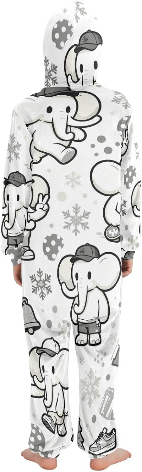 White Elephant Snowflake Black and ChristmasUnisex PajamaZipper Hooded One-Piecing Pajama Romperfor Christmas Home