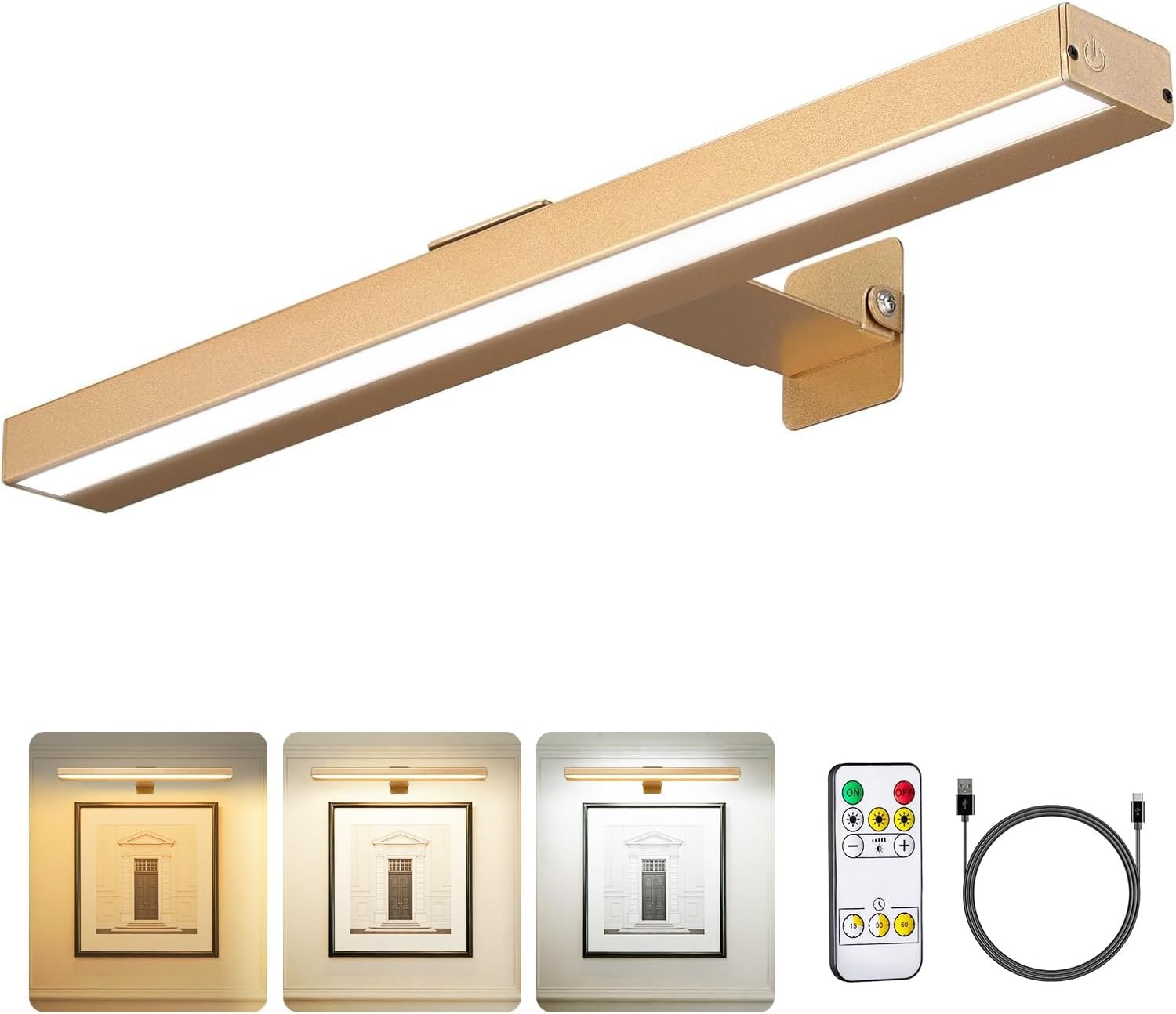 Wireless Picture Lights with Remote, Recgargeable Battery Painting Light Display Lamp with 3 Lighting Modes, Dimmable Dartboard Light with Timer for Frame Portrait Art, Metal Body