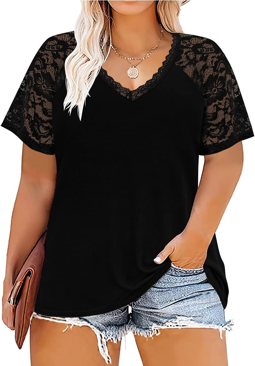 CARCOS Plus Size Tops for Women Short Sleeve Raglan Striped Tee Color Block Crewneck/V Neck Tunic Loose Fit Summer XL-5XL