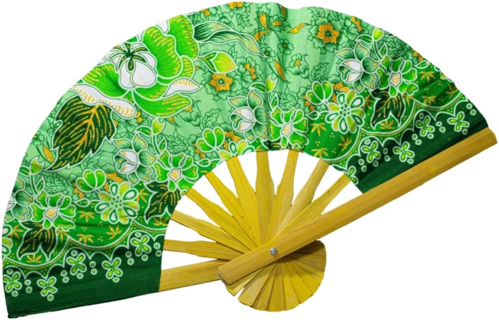 Generic Folding Fans Handcraft Thai art Hand Fans for Women & Festival Accessories - With a Fabric Sleeve for Protection for Gifts (Fresh Green Flowers), standard