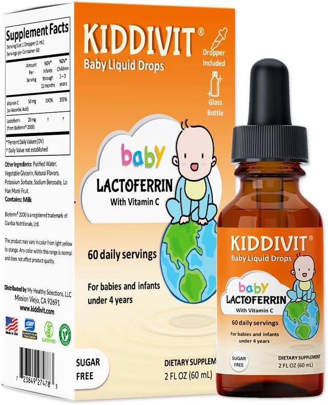 Kiddivit Baby Lactoferrin Liquid Drops – Gentle Immune Support Supplement – 100mg Formula with Prebiotic Inulin – 60 Daily Servings – Sugar Free, Gluten Free, Vegetarian, 2oz