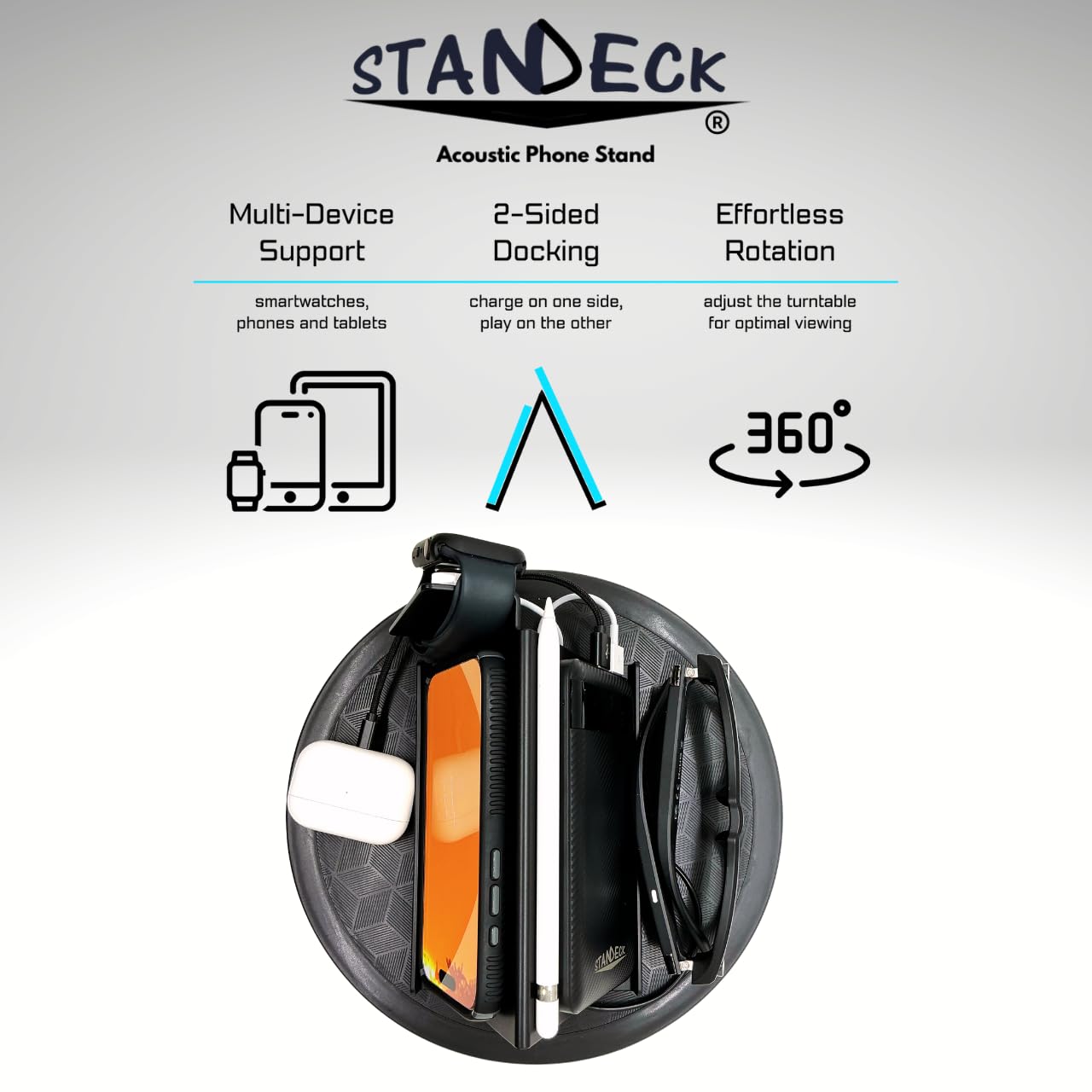 Mobile Tech - Soporte giratorio para teléfono con sonido y soporte para reloj, para ver tu teléfono y tableta y conectar tus dispositivos móviles (soporte de plástico negro)