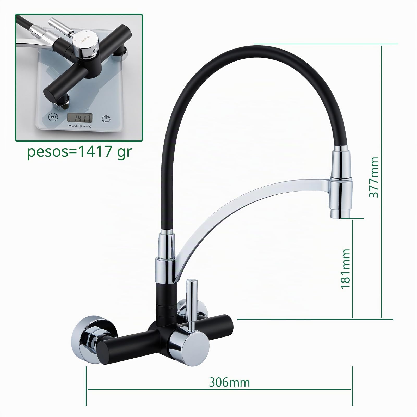Grifo Cocina de Pared Flexible 15cm, Grifería Monomando Mural de Acero Inoxidable con Caño de Silicona Flexible 180° Giratorio, Torneira Cozinha para Fregadero, Aireador Extraíble, Negro