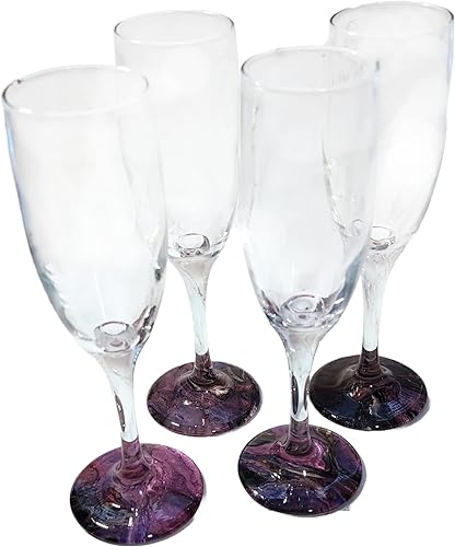 Miniatura 1 de Glass Wine Flutes - 6 Ounces- Hand Crafted Dipped Base - Deep Purple, Golds, Blues, Blacks Swirled Base- Set of 4