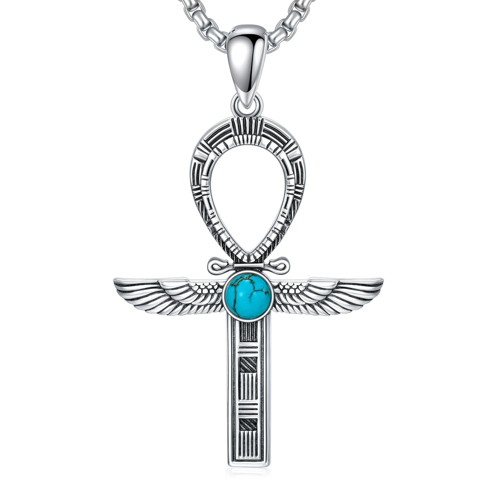 Ankh-Halskette für Herren 925er-Sterlingsilber natürlicher Türkis ägyptisches antikes Ankh-Kreuz-Anhänger Schutzamulett Schmuck Geschenke für Vater