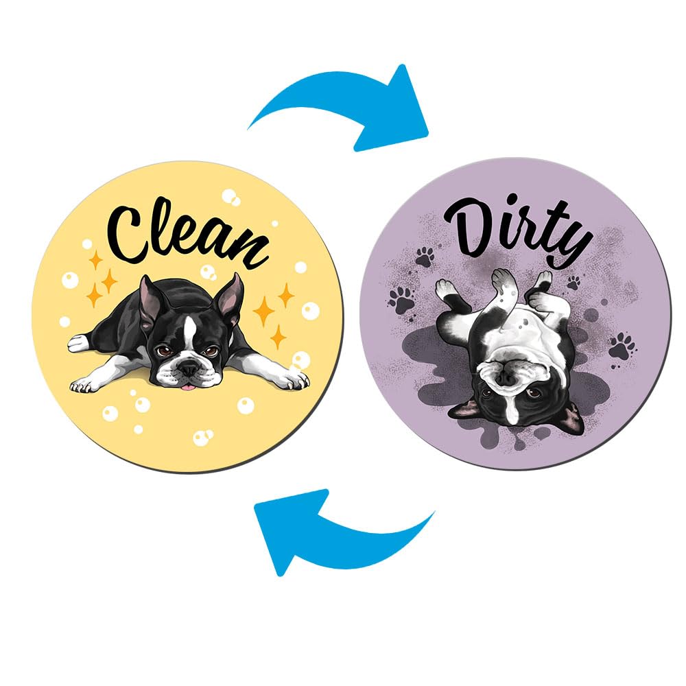 WIRESTER 3.5 inch Dishwasher Clean Dirty Flip Sign Double-Sided Decoration for Kitchen Dishwasher Washing Machine, Boston Terrier Dog Lying Down Looking Up