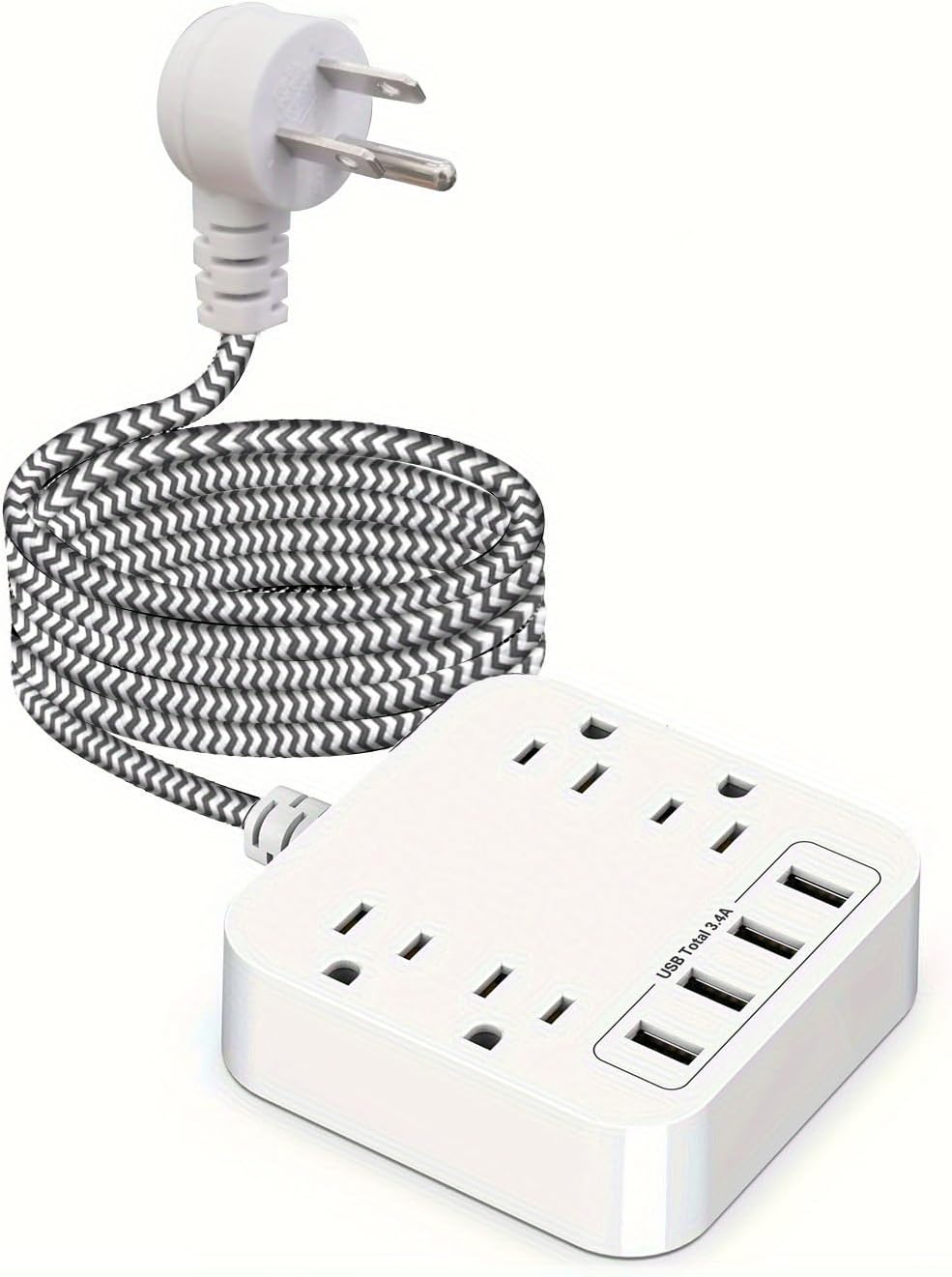 Flat Plug Extension Cord, 5 ft Power Strip with 4 USB Ports, 4 Widely Outlets Extender, Wall Mount, Desk Charging Station for Office, Travel and Dorm Room Essentials (White)