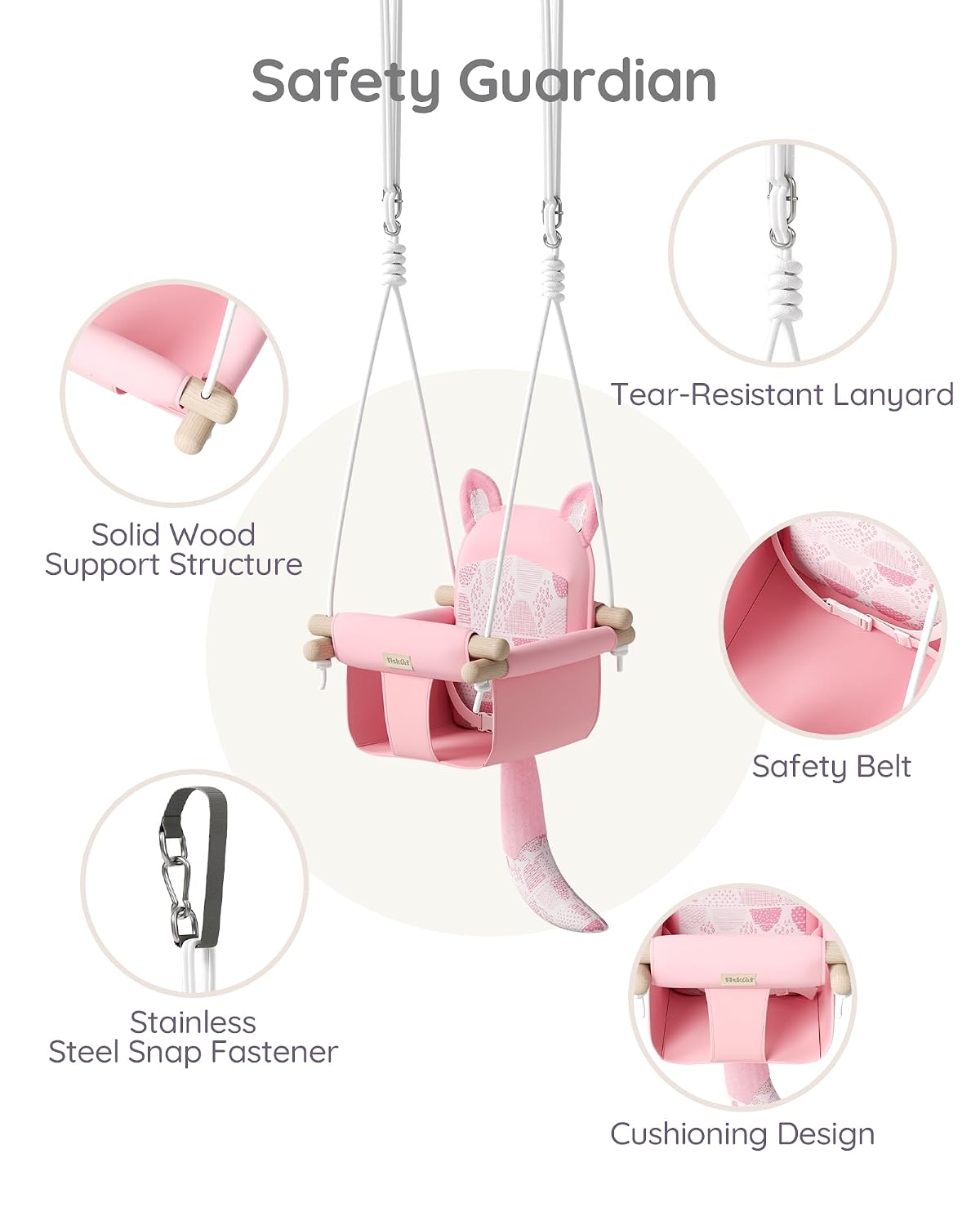 Wooden Baby Swing with Safety Belt - Adjustable Infant & Toddler Swings for Indoor/Outdoor Use, Includes Mounting Hardware (Fox Design, Pink)