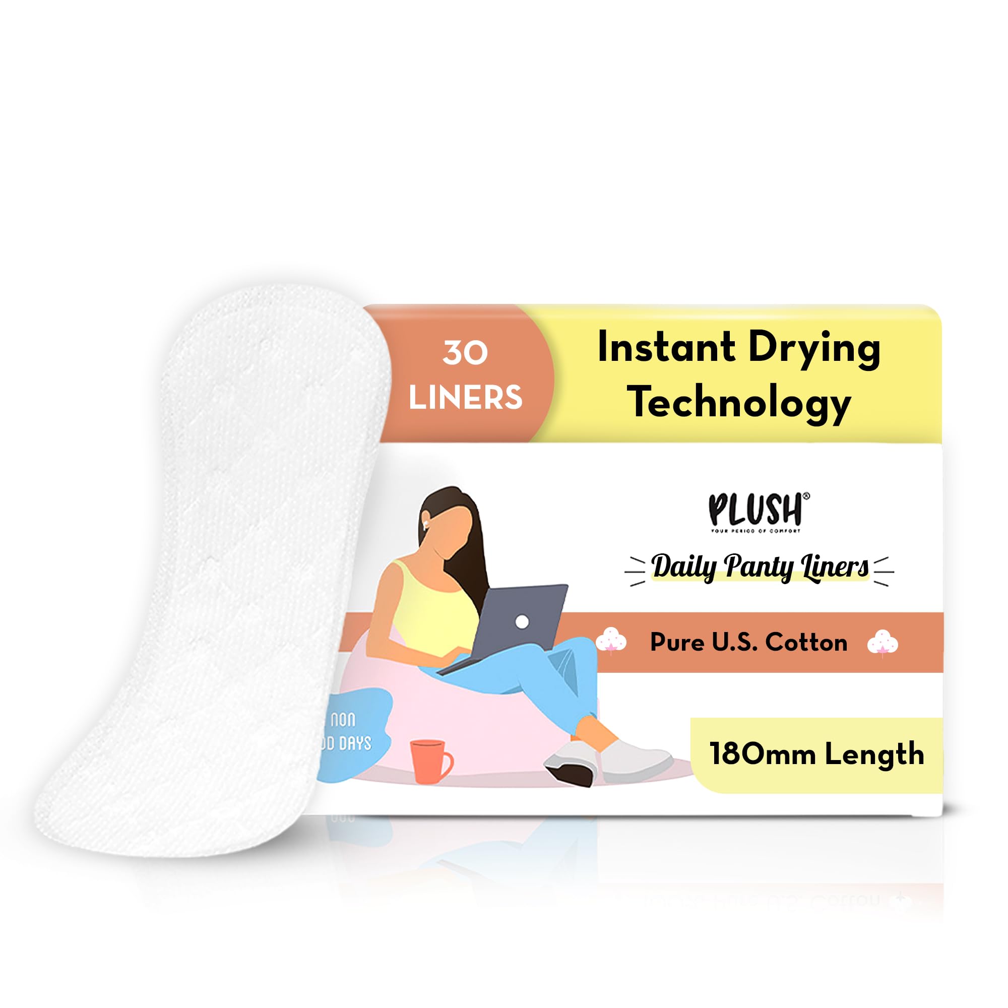 Plush Ultra Thin Large Panty Liners for Women Daily Use, 30 Liners | 2mm Thin, 180mm Long | Extra Coverage | Pure U.S. Cotton Liners for Sensitive Skin | Quad-Lock Design | No Toxins, No Parabens