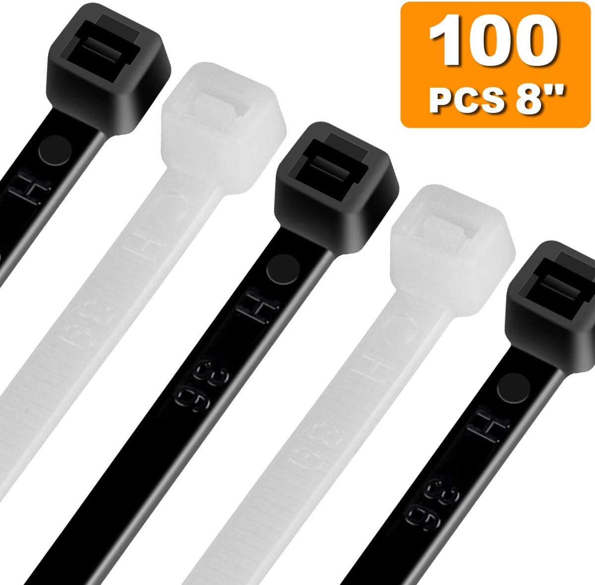 100PCS Assorted Zip Ties, 8 Inch Nylon Cable Ties for Indoor and Outdoor Use, Heavy Duty Zip Ties with 50 Pounds Test, Premium Plastic Ties with Resealable Storage Bag Included, White and Black