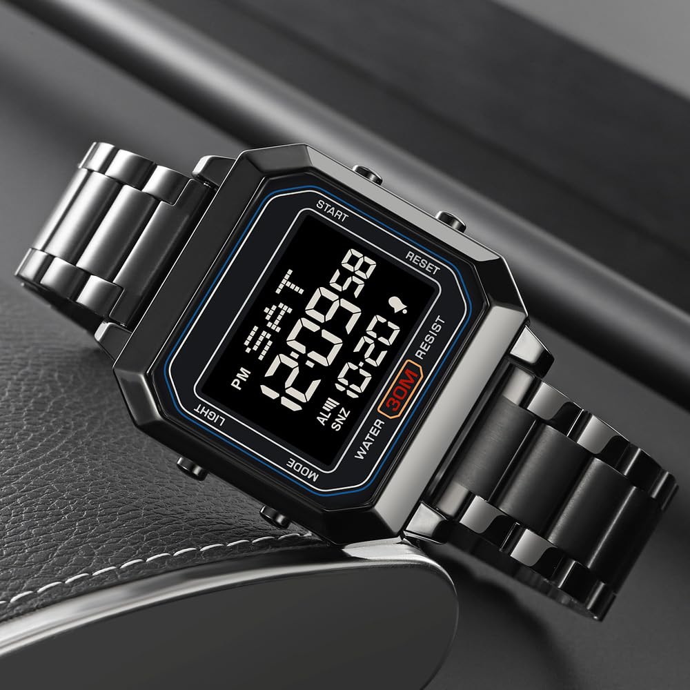 zolohoni Stainless Steel Digital Watch for Men & Women, Japanese Quartz, Square, Water Resistant, Black Dial & Band, M143.H