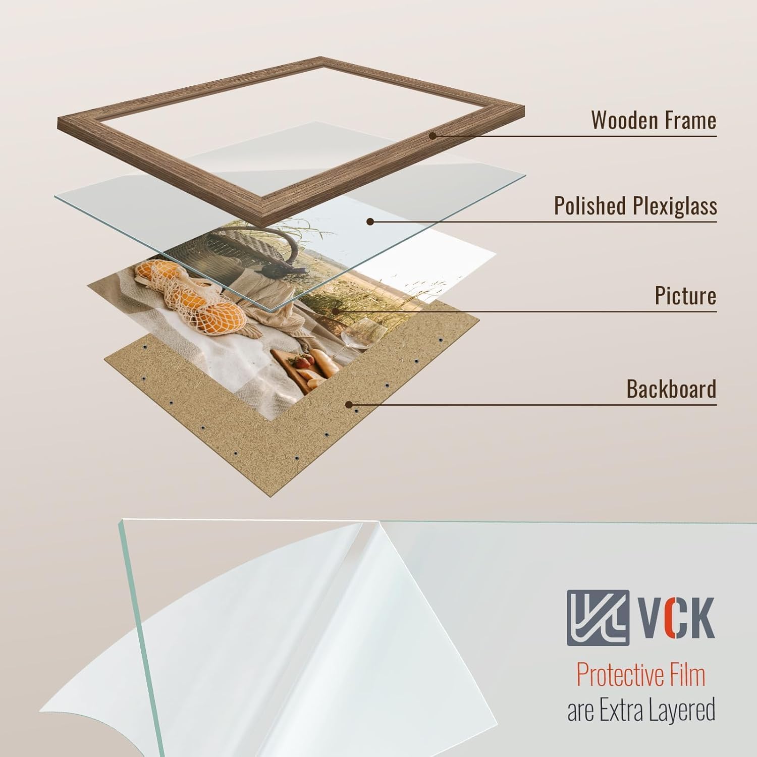 VCK 8.5x11 Picture Frame Set of 5 - Walnut, Gallery-Quality Wood Poster Frames, 1.1-Inch Wide Border, Polished Plexiglass, Vertical or Horizontal Wall & Tabletop Display for Photo/Art/Prints, Walnut