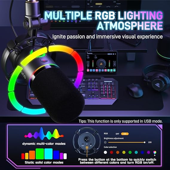 MAONO XLR/USB Dynamic Microphone, RGB Gaming Microphone with Software, Quiet, Win Button, Volume Control and Headphone Jack, Streaming, Podcasting, Recording - PD200X (Black)