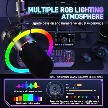 MAONO XLR/USB Dynamic Microphone, RGB Gaming Microphone with Software, Quiet, Win Button, Volume Control and Headphone Jack, Streaming, Podcasting, Recording - PD200X (Black)